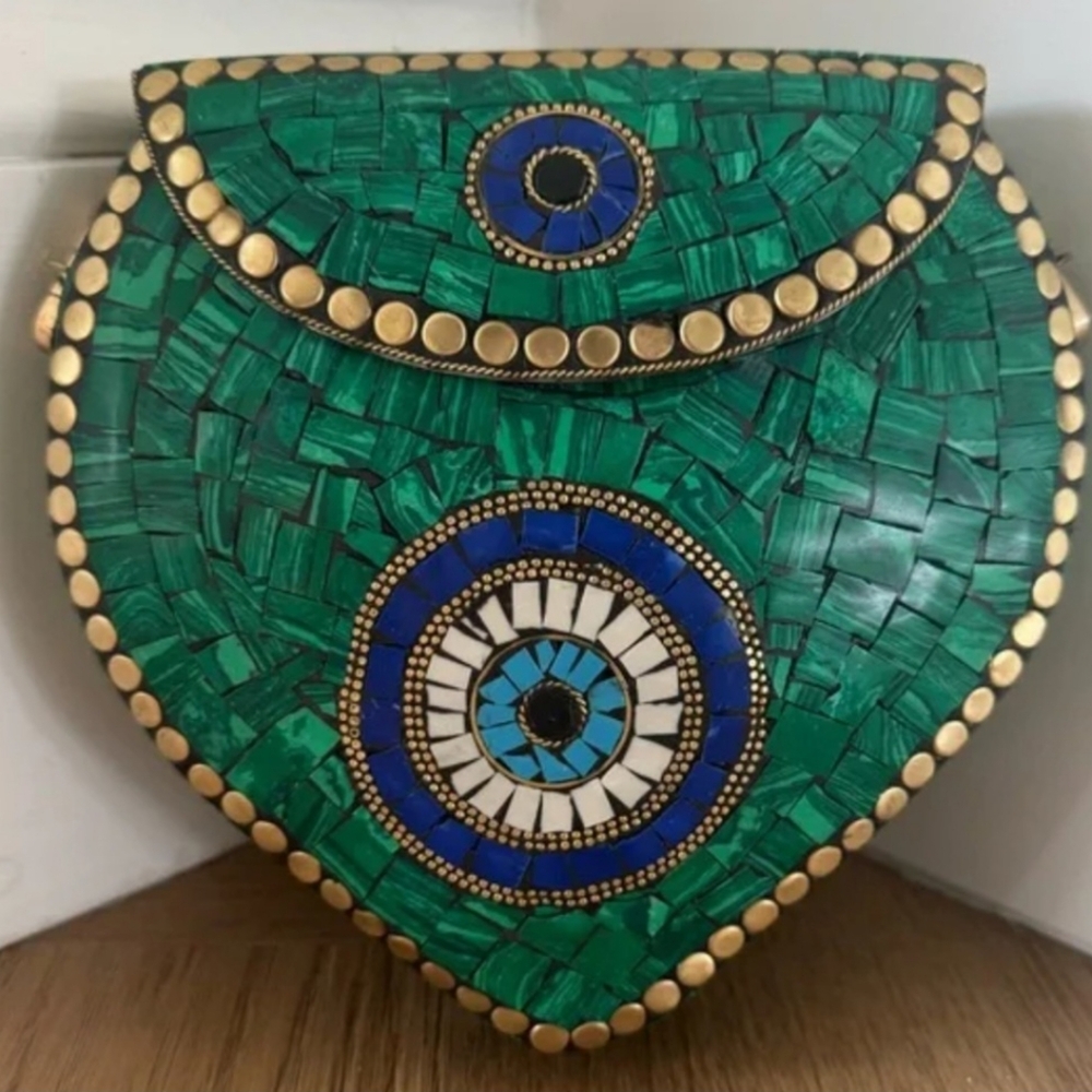 New | RAMLA | Green Mosaic Evil Eye Heart Shaped Clutch Bag | Handmade